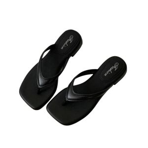 QIWANBA19 สง่างามเรียบหรู รองเท้าแตะฟลิปฟลอป สีทึบทึบ นุ่มนุ่มๆ รองเท้าแตะแบบสไลด์ ระบายอากาศได้ระบายอากาศ พื้นรองเท้ากันลื่น รองเท้าแตะหัวเหลี่ยม สำหรับผู้หญิง