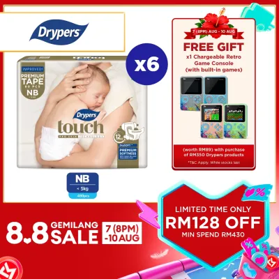 Drypers Touch Baby Tape Diapers NB80/ S44/ M40/ L34 (6/8 Packs) - Super Soft & 12hr Dryness