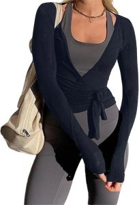 Womens Wrap Tie Top  Y2k  Long Sleeve Ballet Workout Yoga Shirt  Coquette  Shirt