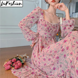 Dress Women Korean Style Chiffon Floral Square Collar Long Sleeve A-Line Dresses