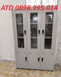 Tủ hồ sơ kính sắt 3 cánh đựng tài liệu cho văn phòng màu xám ghi đẹp sang trọng giá rẻ giao nhanh HCMBD ĐN