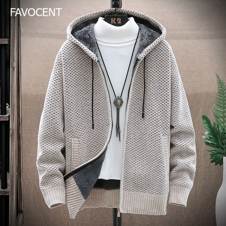 FAVOCENT Autumn Winter Men Cardigan Sweater with Thick Wool and Hoodie  Casual Sweater Warm Coat Casual Jacket Size M-3Xl