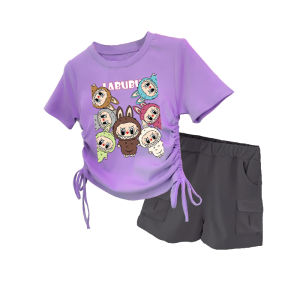 Setelan Kaos Serut Crop Top Kargo Pendek Anak Perempuan Kekinian Labubu | Set Tshirt Umur 1-14 Tahun