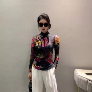 AMMIN เสื้อยืดแขนยาวขนาดใหญ่สำหรับผู้หญิงเสื้อยืดแขนยาวกระดุมกระทะคอตั้งเรียบง่ายดีไซน์เรียบง่ายสำหรับฤดูใบไม้ผลิ/ฤดูร้อนปี2024เสื้อสำหรับผู้หญิงภาพพิมพ์ดอกไม้