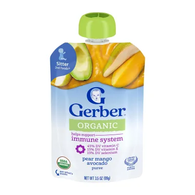 Gerber Organic Pouch Purees Pear Mango Avocado Baby Food 99G - From 12 Months