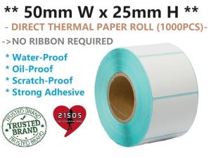 [1000pcs] DIRECT THERMAL PAPER LABEL STICKER ROLL 50mmx25mm 1 Panel Barcode Label Thermal Paper Size 50x25 AWB Shipping Consignment Note Waterproof Oilproof Anti Scratch Strong Adhesive Barcode Labels Paper Roll Stickers 三防热敏标签纸
