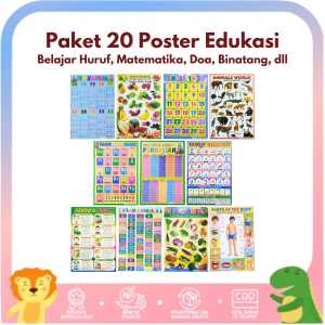 Paket Poster 20 Edukasi Anak Belajar Aneka Hewan Huruf Angka Matematika Buah Sayur Transportasi dll