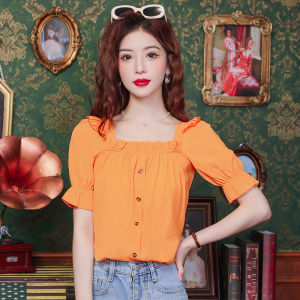 AMMIN เสื้อเบลาส์ชีฟองแขนสั้นคอรอยจีบพองฟูสไตล์ฝรั่งเศสใหม่สำหรับฤดูร้อนปี2024เสื้อหรูหราแขนพองสวยหวานเก๋ไก๋