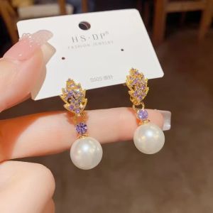 Fashionable Ring Gift 韩式时尚精致锆石树叶珍珠耳坠s925银针小众设计高级感耳环批发