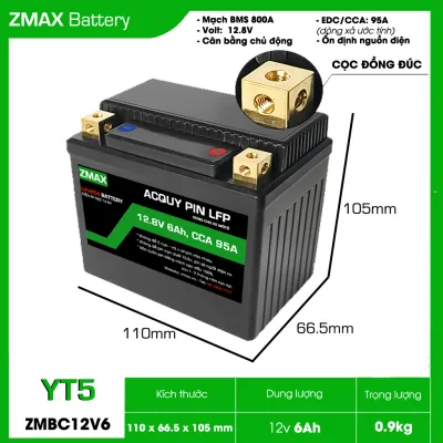 Bình Acquy ZMax Pin Lithium LifePO4 12V 6ah ZM12V6-YT4 Dùng Cho Xe Máy