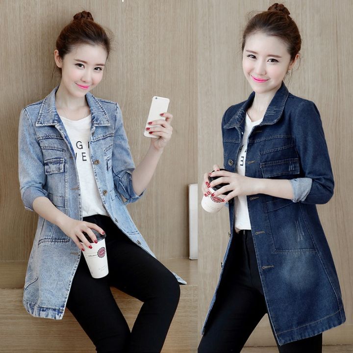 Plus Size S-5XL Women Long Denim Jacket Fashion Casual Spring