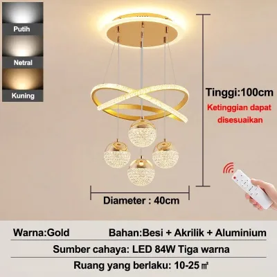Golden LED Lampu Gantung Kristal Minimalis Mewah 3 Warna LED Remote Control Lampu Kristal Ruang Makan 3 Warna Chandelier Dekorasi Lampu Hias Rumah