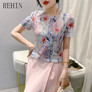 REHIN European style new summer fashion positioning printing round neck elegant cotton short-sleeved T-shirt bottoming shirt Slim womens top