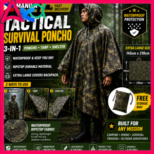 AKA Tactical Military Poncho Waterproof Camouflage Raincoat 3 in 1 Shelter Tarp Survival Gear Ripstop Outdoor Hunting Bushcraft Camping Rain Poncho