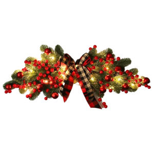 Christmas Artificial Swag with Berries and Ribbon Bows Christmas Decorative Swag for Christmas Holiday Home Window Wall Decor [UEB Vodool]