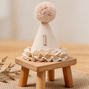 AKZDXE Sweet Birthday Hat Neutral Color Handcrafted Pom Pom Lace Ruffle Hat Princess Birthday Hat Childrens Party