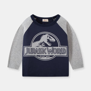 [zensasi] Baju Kaos T-Shirt Anak Laki-Laki Dan Perempuan Lengan Panjang Gambar Jurassic World Warna Abu Dan Biru