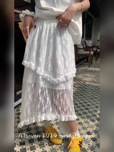 324Deeptwon White Lace Asymmetrical Skirt Women Fairycore Sweet Vintage Mid Irregular Skirt Korean Style Aesthetic Ruffle Skirts