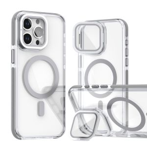 KISSCASE Bicolor Clear With Glass Lens Bracket Stand Phone Case For iphone 16 15 14 13 12 11 Pro Max Plus Magsafe Wireless Charging Transparent PC+TPU Anti-fall Shockproof Back Cover For iphone 16 15 14 13 12 11