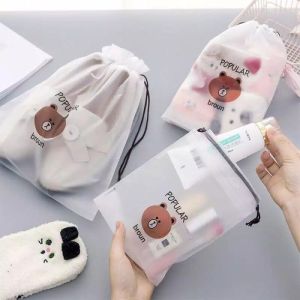 Pouch Transparan Motif Karakter Tas Serut Travel Storage Bag Make Up Organizer Anti Air