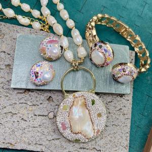 Colorful Tourmaline Crystal Freshwater Pearl Jewelry Set for Women Baroque Pearl Charm Necklace Rings Earrings For Party Wedding H260610