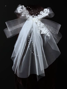 Bridal Veil Bride Elaborate Bowknot Veil Headscarf Hair Clip White Bachelorette Party Bride Veil Sheer Head Scarf