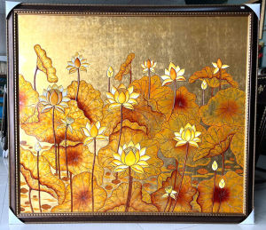 ( Kèm khung) Tranh sơn mài - HOA SEN - Size 134x154 cm nền dát vàng  hàng cao cấp xuất khẩu