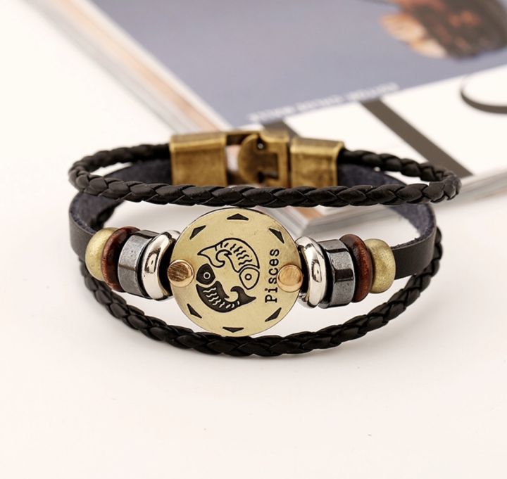 1pcs New style 12 constellations multi layer leather cuff chain