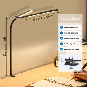CHENBEN LED Table Lamp 3 Color Dimmable Reading Desk Lamp USB Plug Clip Folding Light Double Head Arm 24W Desktop Reading Light Eyes Protection for Students Studying Room Bedroom Office