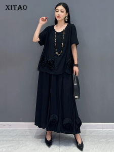 XITAO Black Women Sets Three-dimensional Flower Decoration T-shirt Casual Skirt Two Pieces Sets Summer ZY8818