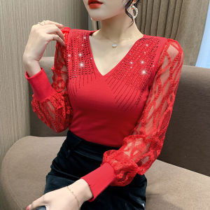 YIMEI V-neck Beautiful Hot Diamond T-shirt Cotton 2023 Spring and Autumn New Fashion Lace Lantern Long Sleeve Red Top Women