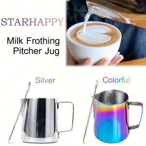 STAR Frothing Pitcher Milk Jug kopi Susu Latte 304 Stainless Steel Free Latte Kopi Pena 350 ML/580ML / Pitcher Steam Barista Espresso Latte Art - Alat Latte - Alat Seduh Kopi-Pembuih Susu / Silver with Inner Scale LineRainbow Color[Stok & Pengiriman Cep