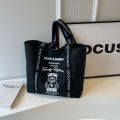 Gentlewoman Cute Cartoon Bear Print Canvas Bag Versatile Contrast Color Shoulder Tote Bag with Zipper. 