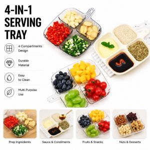 4 Grids Kitchen Divided Preparation Dish Plate Side Dish With Handle Sauce Dipping Sauce DAILYCARE