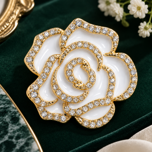 Black White Rose Brooch Gold Rhinestone Outline Glossy Layered Flower Pin Vintage Statement Jewelry for Women Blazer Suit Coat