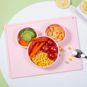 Ready Stock In Malaysia🐾Disney Mickey Shape 3 Grid Plate Safety Silicone Suction Feeding Food Dishes Kids Dinnerware Kids Dishes Fruit Round Split 3 Grid Baby Plate