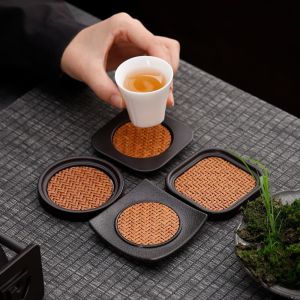 SKJK STUDIO 6pcs Chống bỏng Bộ đế lót ly trà bằng mây Phong cách Trung Quốc Thanh lịch Tấm cách nhiệt Bền bỉ Nhẹ Giá đỡ tách trà Lễ trà