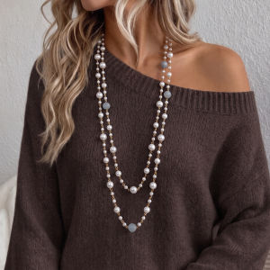 Double Layer Pearl Beaded Long Sweater Necklace Gold Tone Chain Gray Stone Beads Vintage Fashion Necklace for Women Jewelry Gift