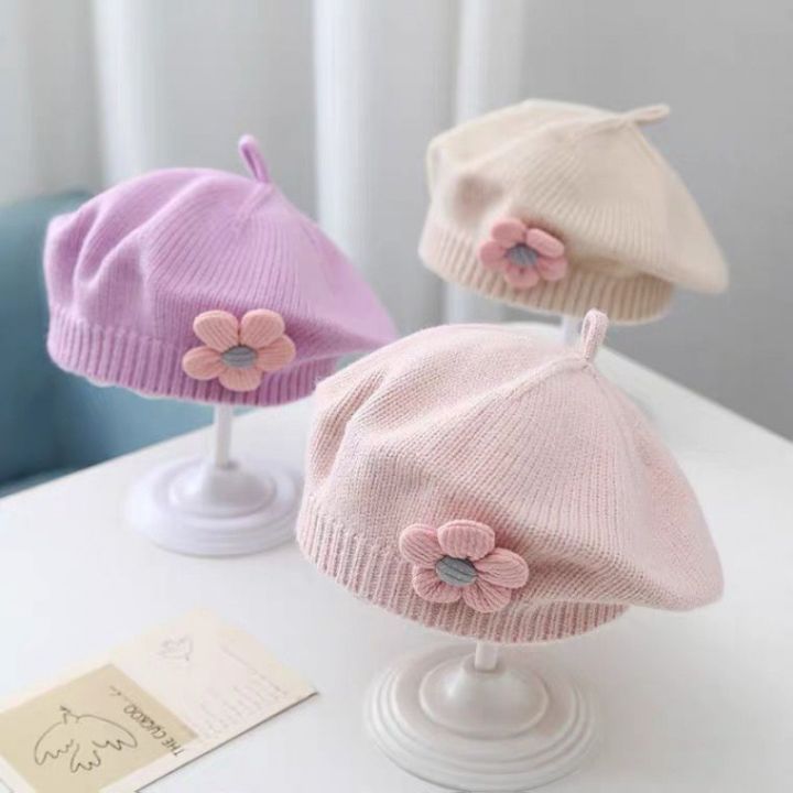 Cute Flower Knitted Baby Girls Beret Hat Solid Color Infant Beanie