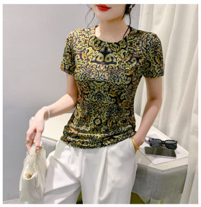 Ammin 2024 đơn giản Mới Mùa Hè cổ tròn áo phông ngắn tay nữ phiên bản Hàn Quốc r Định vị in graffiti Áo Blouse thanh lịch giản dị