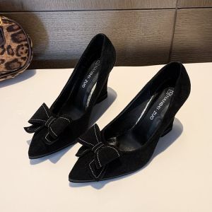 Free Shipping New Spring And Autumn Collection: Korean-Style Women’S Single Shoes With A Bow Thick Sole Wedge Heel And Pointed Toe
