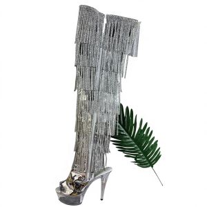 15CMWomens Summer Stiletto Heel Over-the-Knee Tassel Boots Transparent PVC Sole Rhinestone Fringe ZIP Closure Height Increasing