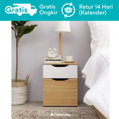 Dekoruma Sano Bed Side Table - Nakas Meja Kamar Tidur Minimalis dari Kayu Olahan 2 Laci