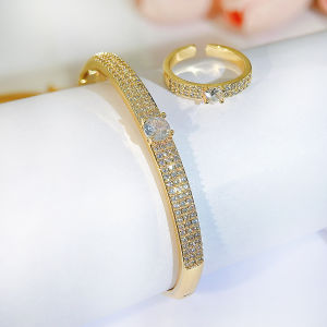 SEQUITO Delicate Modern Brides Jewelry Micro Pave Setting Shiny AAAAA Cubic Zirconia Evening Party Gold Plated Bangle Adjustable Ring Set SJ405
