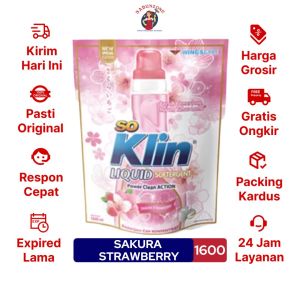 Deterjen Cair Konsentrat So Klin Liquid Softergent Power Clean Action Sakura Strawberry 1600 ml