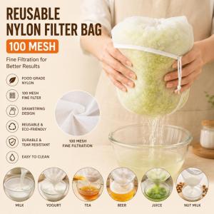 Reusable Nylon Filter Bag Kitchen Food Strainer with Drawstring for Milk Yogurt Tea Beer