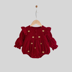 2026 Autumn 0-24M Baby Girl Festive Romper Burgundy Gold Bow Ruffled Sleeve Bodysuit Birthday Party Outfit