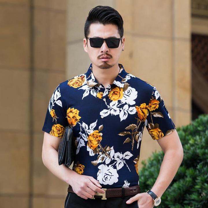 Mens floral short on sale sleeve dress shirts