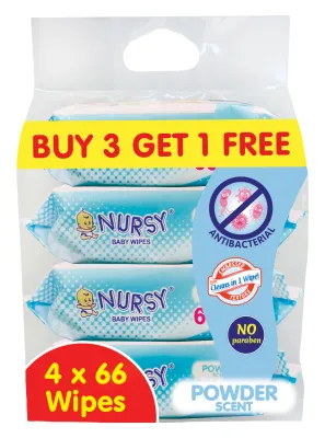 Nursy Baby Wipes Powdered Scent 66s x 3 w/free NBW66