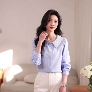 Ammin 2024 Mùa Xuân Pháp Cotton thêu tay dài Áo Của Phụ Nữ phong cách Hàn Quốc Thêu Hoa Cổ áo búp bê Chic Áo Blouse thanh lịch